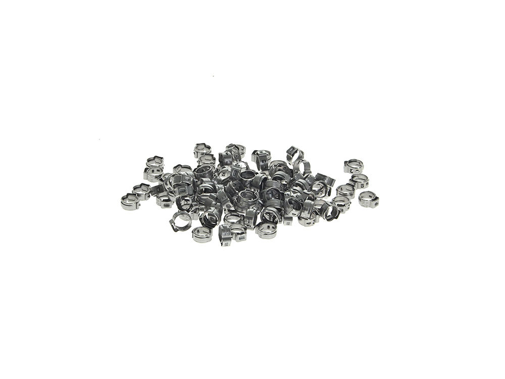 V-Factor 11/32in. Stepless Ear Clamps – Pack of 100. Size range is 7.8 to 9.5mm