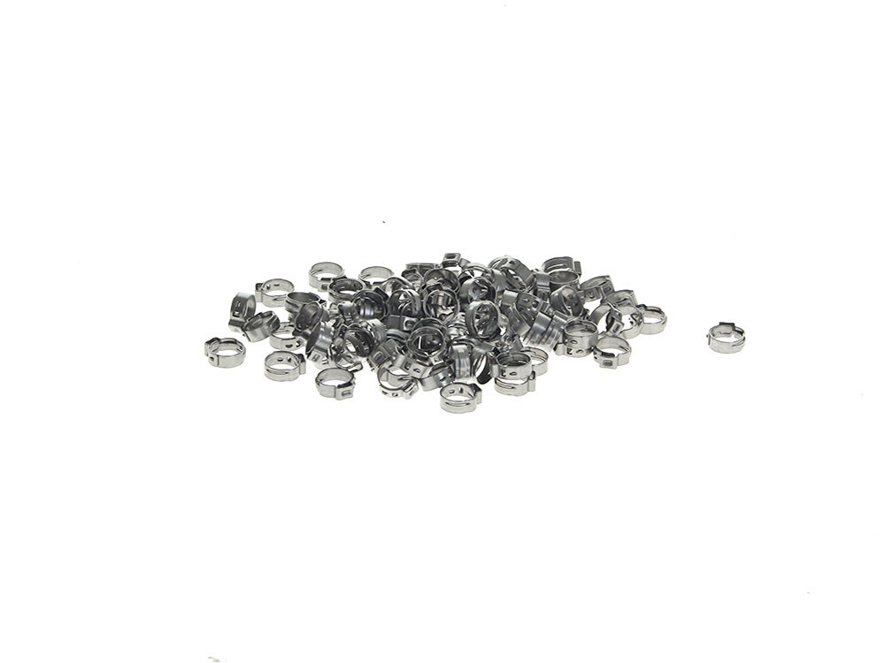 V-Factor 7/16in. Stepless Ear Clamps – Pack of 100. Size range is 10.3mm to 12.8mm