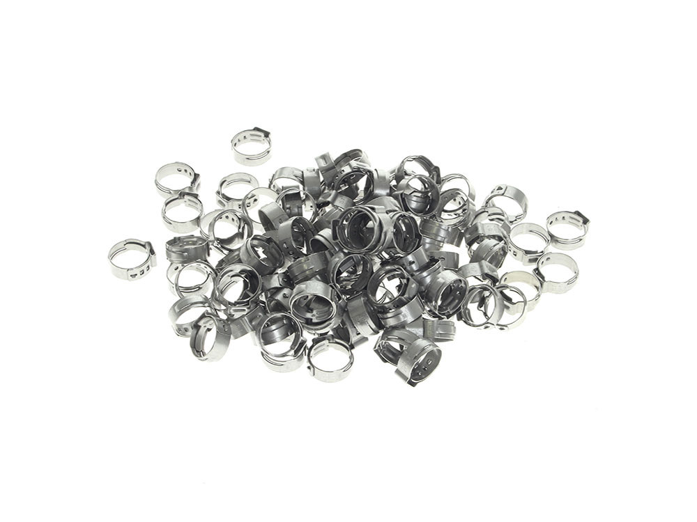 V-Factor 5/8in. Stepless Ear Clamps – Pack of 100. Size range is 13.2mm to 15.7mm