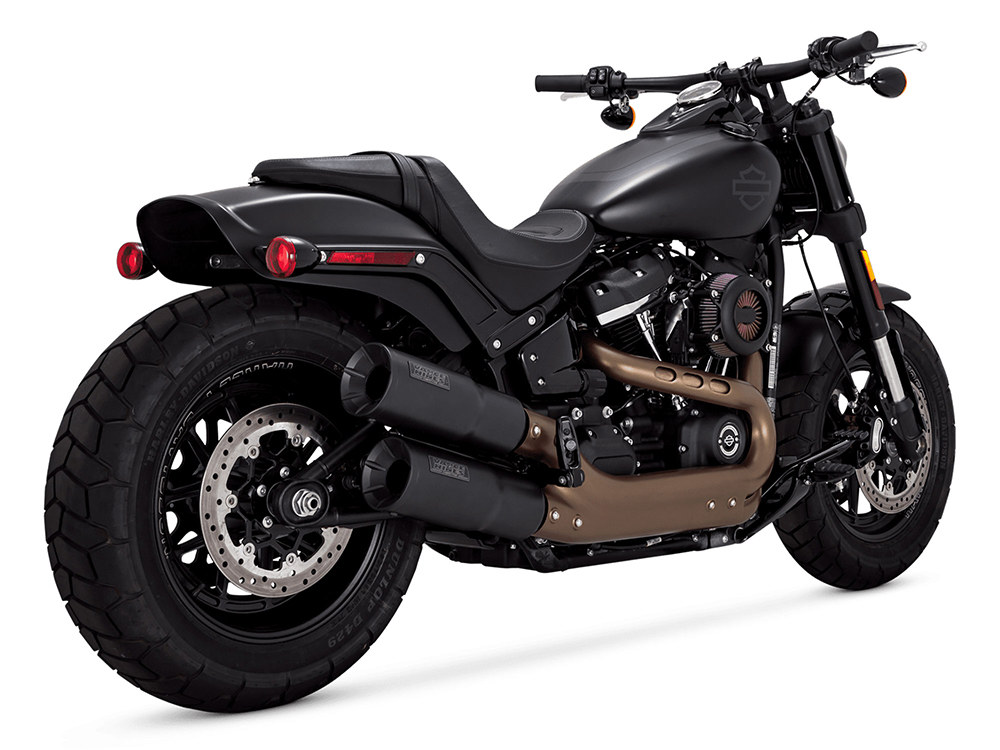 Vance and Hines Hi-Output Slip-On Mufflers – Black. Fits Fat Bob 2018-2024