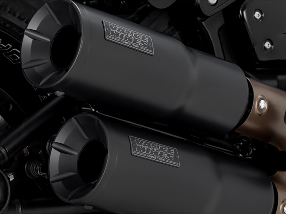 Vance and Hines Hi-Output Slip-On Mufflers – Black. Fits Fat Bob 2018-2024