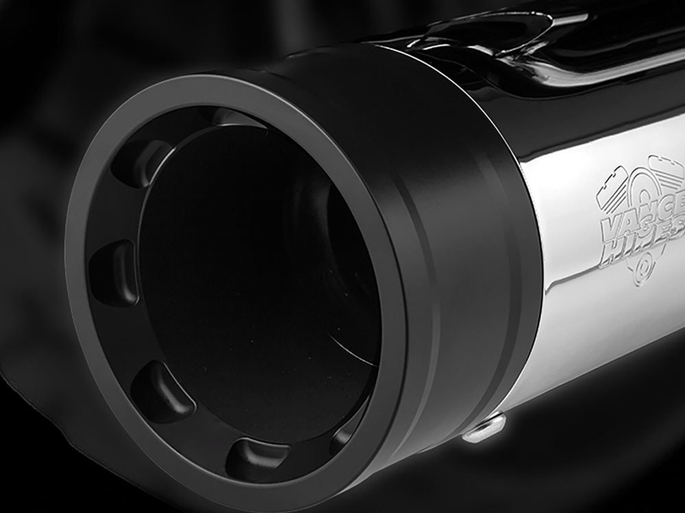 Vance and Hines 4.5in. OverSized 450 Destroyer Slip-On Mufflers – Chrome with Black End Caps. Fits Touring 1995-2016 & Trike 2017-2020
