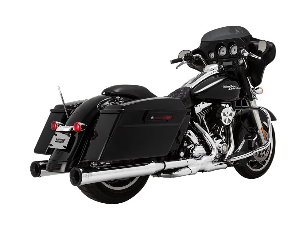 Vance and Hines 4in. Eliminator 400 Slip-On Mufflers – Chrome with Black End Caps. Fits Touring 1995-2016 & Trike 2017-2020.