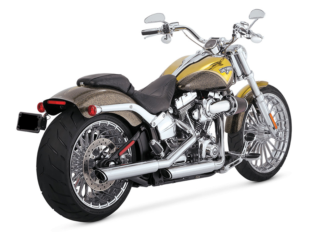 Vance and Hines 3in. Twin Slash Slip-On Mufflers – Chrome. Fits Softail FXST 2007-2017, Heritage Softail Classic 2007-2017, Breakout 2013-2017 & Rocker 2008-2011.