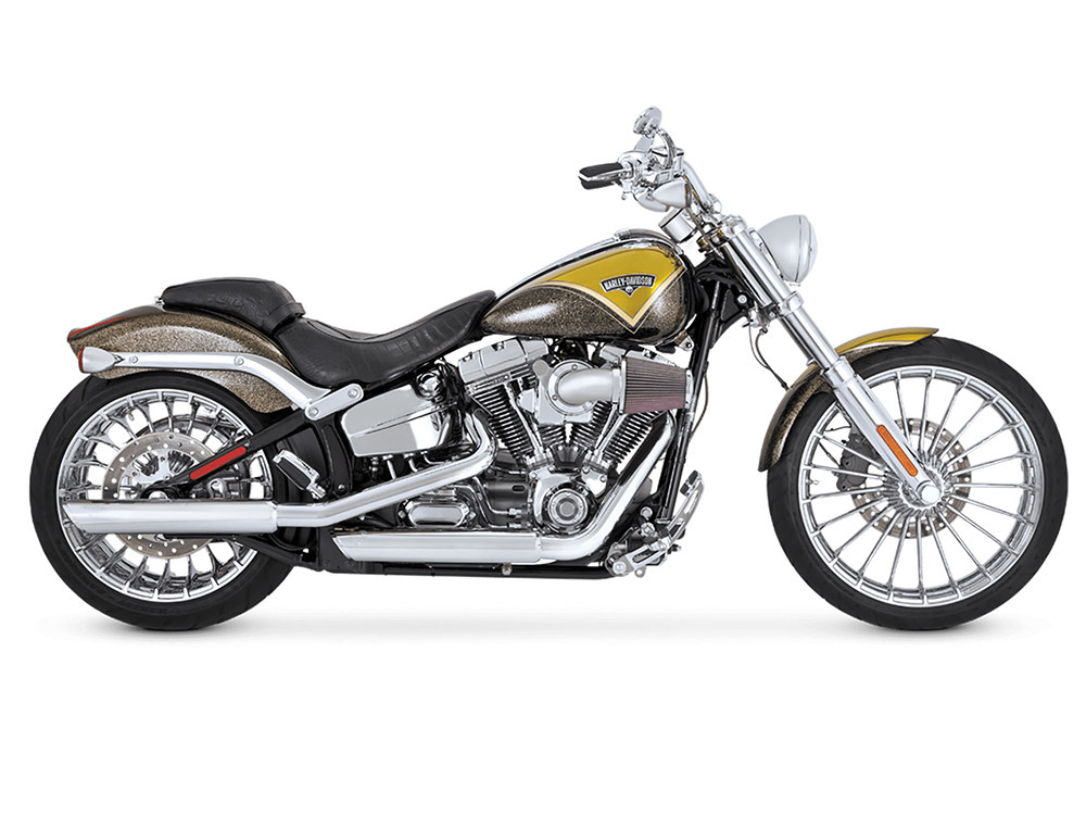 Vance and Hines 3in. Twin Slash Slip-On Mufflers – Chrome. Fits Softail FXST 2007-2017, Heritage Softail Classic 2007-2017, Breakout 2013-2017 & Rocker 2008-2011.