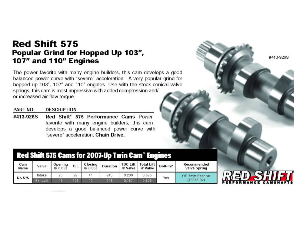 ZIPPER Red Shift 575 Chain Drive Camshaft Set. Fits Twin Cam 2007-2017.