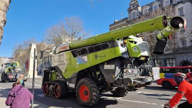 Huge combine harvesters arrive in London for Pancake Day rally after police tractor ban Huge combine harvesters arrive in London for Pancake Day rally after police tractor ban