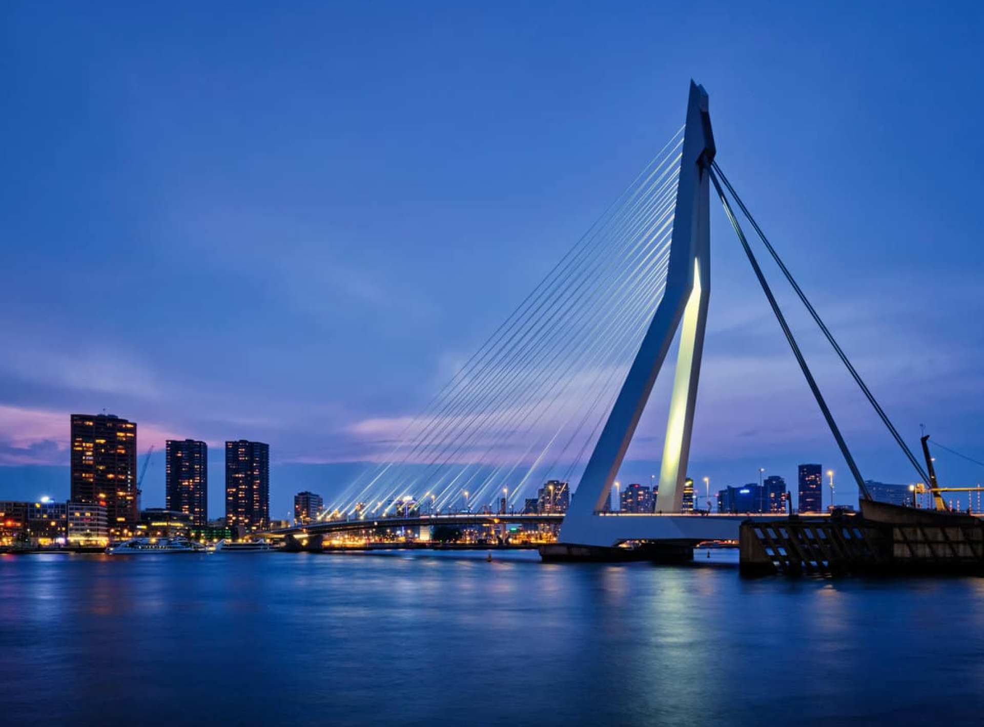 A scenic view of Rotterdam's Erasmus Bridge, showcasing its modern architecture against a vibrant city skyline. A scenic view of Rotterdam's Erasmus Bridge, showcasing its modern architecture against a vibrant city skyline.