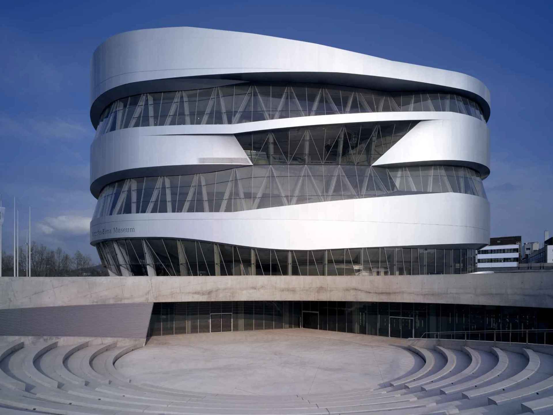 Exterior view of the Mercedes-Benz Museum showcasing its modern architecture, located in Stuttgart, Germany. Exterior view of the Mercedes-Benz Museum showcasing its modern architecture, located in Stuttgart, Germany.