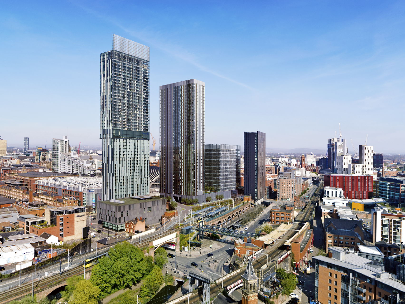 Beetham Tower in Manchester showcasing its striking architectural design against a clear blue sky. Beetham Tower in Manchester showcasing its striking architectural design against a clear blue sky.