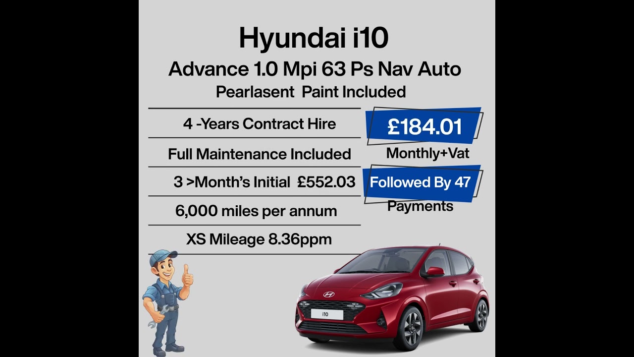 Act fast to grab this exciting lease deal for the Hyundai i10 Advance Auto for just £143.72 +VAT Act fast to grab this exciting lease deal for the Hyundai i10 Advance Auto for just £143.72 +VAT