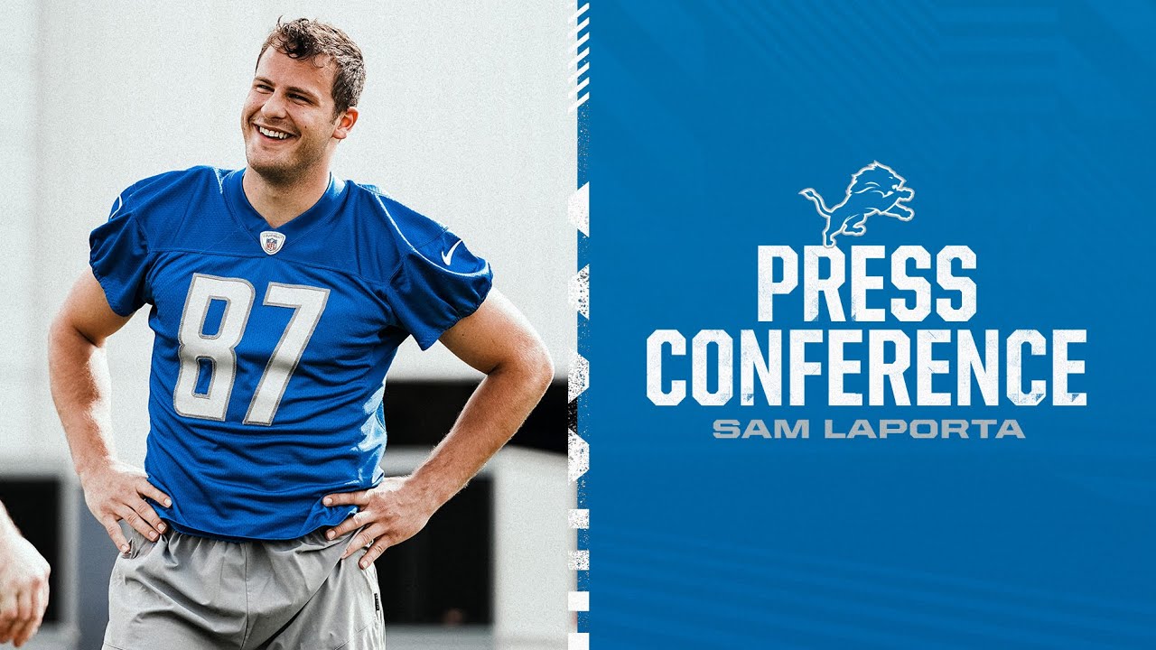 Sam LaPorta speaks to the media during rookie minicamp Sam LaPorta speaks to the media during rookie minicamp