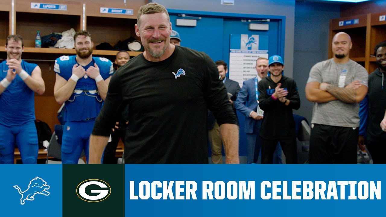 Lions vs. Packers postgame locker room celebration Lions vs. Packers postgame locker room celebration