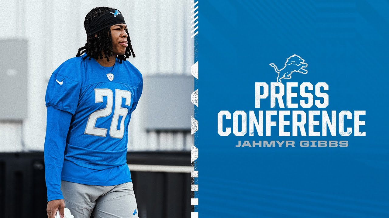 Jahmyr Gibbs speaks to the media during rookie minicamp Jahmyr Gibbs speaks to the media during rookie minicamp