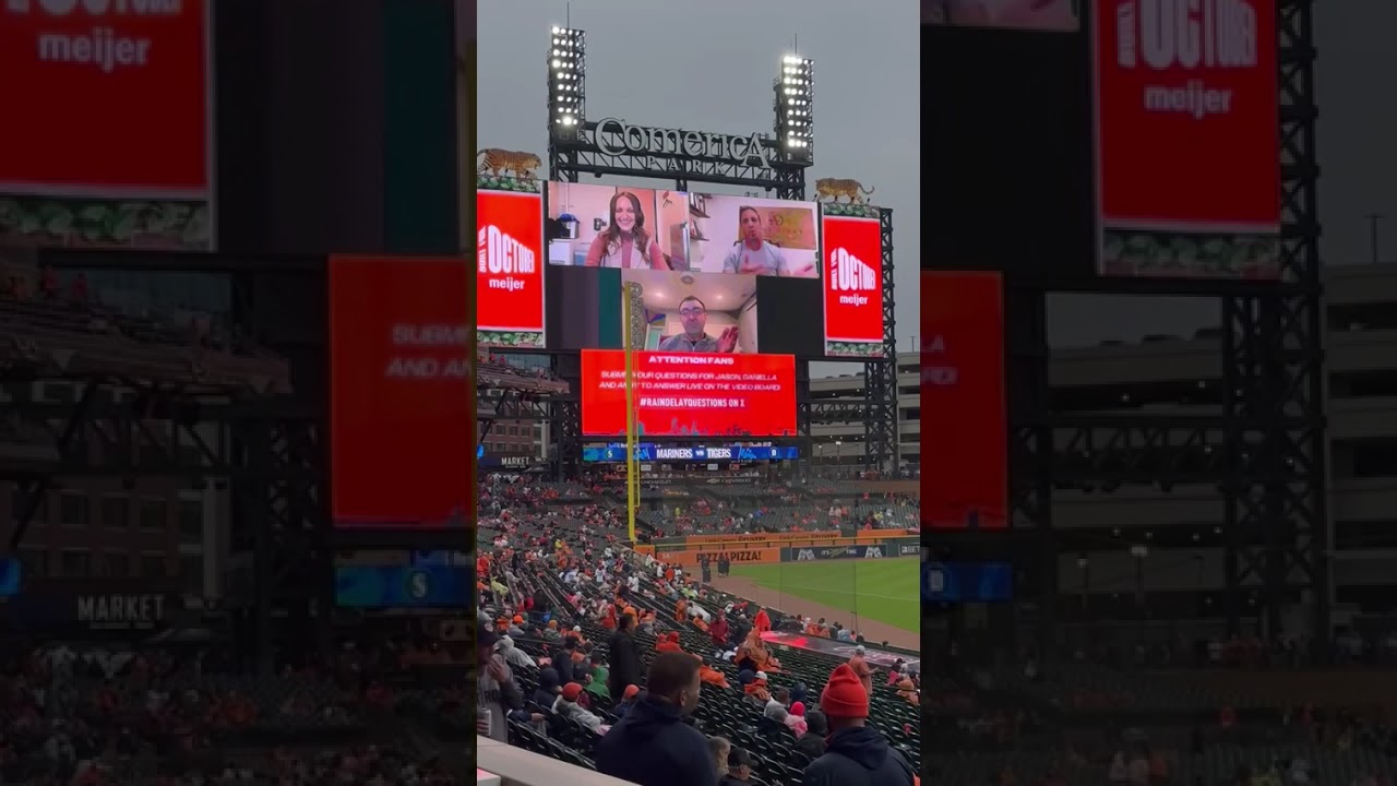 Detroit Tigers TV team answers questions on Comerica Park jumbotron during rain delay Detroit Tigers TV team answers questions on Comerica Park jumbotron during rain delay