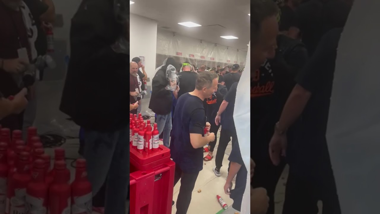 Detroit Tigers celebrate in the visitors’ locker room at Progressive Field Detroit Tigers celebrate in the visitors’ locker room at Progressive Field