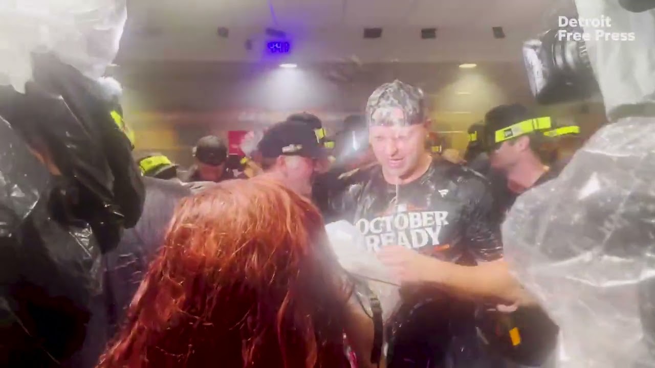 Detroit Tigers celebration postgame in locker room after 2024 MLB playoffs sweep of Houston Astros Detroit Tigers celebration postgame in locker room after 2024 MLB playoffs sweep of Houston Astros