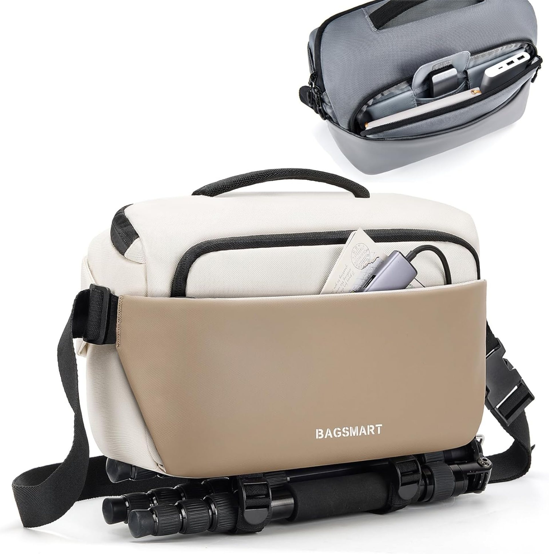 BAGSMART Camera Sling Bag, Small Camera Bags for Photographers with Tripod Holder, Waterproof DSLR/SLR/Mirrorless Camera Bags Crossbody with Rain Cover, Compatible with Canon Sony Nikon, Beige BAGSMART Camera Sling Bag, Small Camera Bags for Photographers with Tripod Holder, Waterproof DSLR/SLR/Mirrorless Camera Bags Crossbody with Rain Cover, Compatible with Canon Sony Nikon, Beige