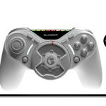 This game controller has a force feedback steering wheel lodged in the middle This game controller has a force feedback steering wheel lodged in the middle