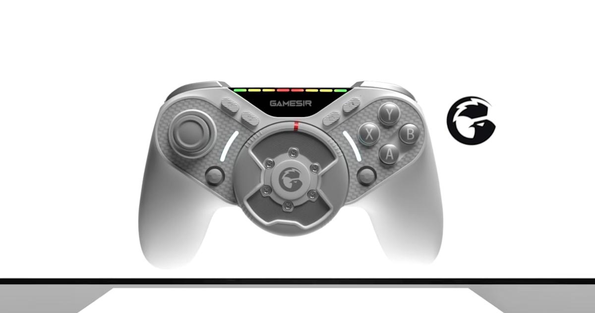 This game controller has a force feedback steering wheel lodged in the middle This game controller has a force feedback steering wheel lodged in the middle