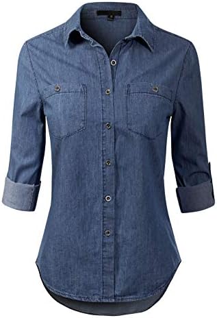 Design by Olivia Women’s Basic Classic Roll up Sleeve Button Down Chambray Denim Shirt Design by Olivia Women’s Basic Classic Roll up Sleeve Button Down Chambray Denim Shirt