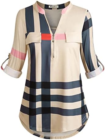 Moyabo Women’s 3/4 Cuffed Sleeve Zipped V Neck Plaid Tunic Shirt Blouses Moyabo Women’s 3/4 Cuffed Sleeve Zipped V Neck Plaid Tunic Shirt Blouses