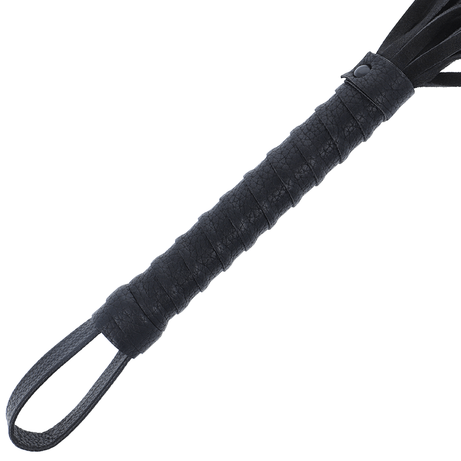 DARKNESS – FOUET DE BONDAGE NOIR AVEC MANCHE EN CUIR