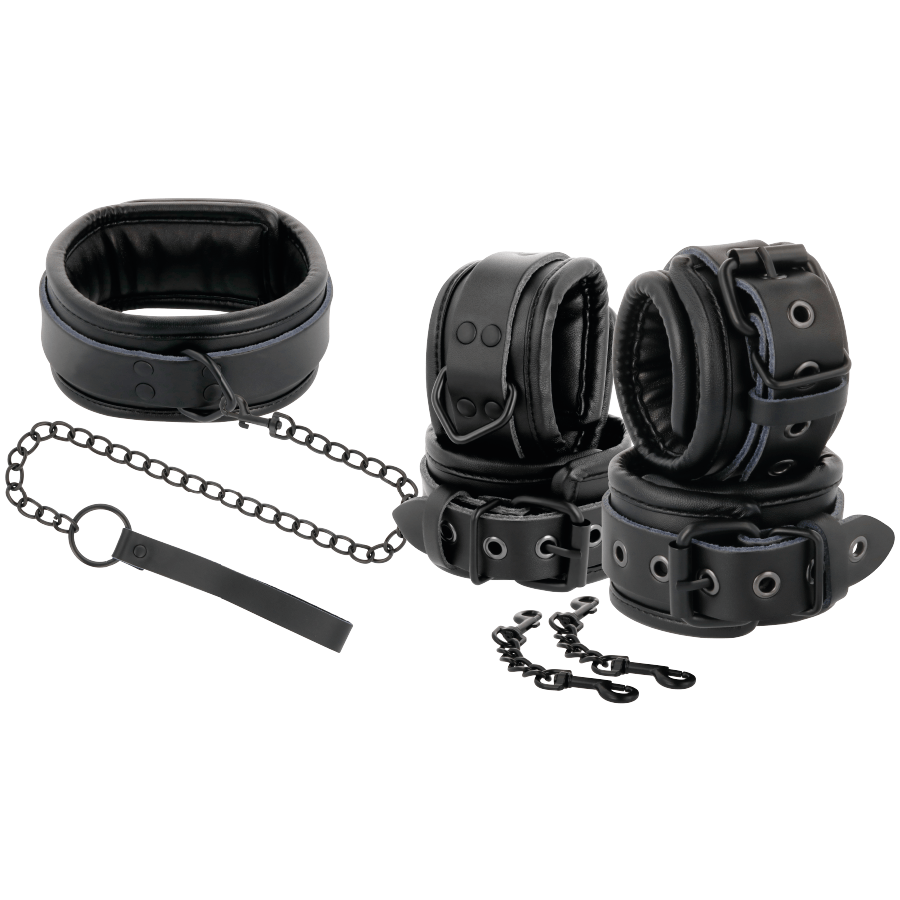 DARKNESS – MENOTTES ET COLLIER EN CUIR NOIR