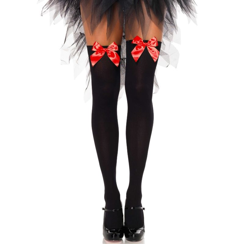 LEG AVENUE – CUISSES HAUTES EN NYLON NOIR AVEC NOEUD ROUGE TAILLE UNIQUE