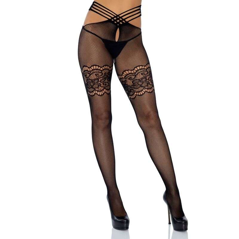 LEG AVENUE – BAS RÉSILLE FENTE ET CUISSES DENTELLE TAILLE UNIQUE