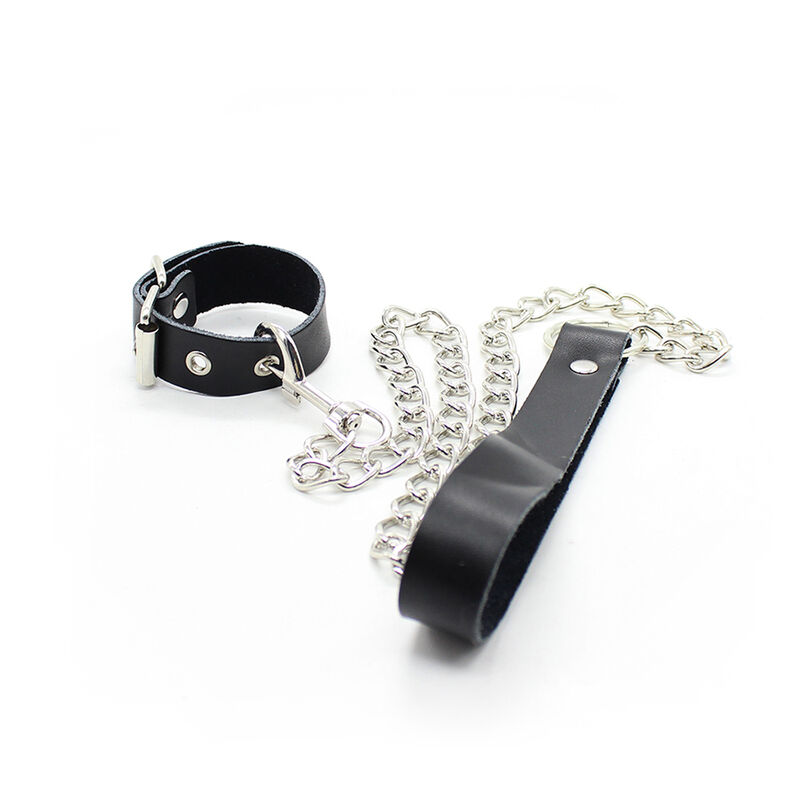 OHMAMA FETISH – COLLIER PÉNIS ET BRACELET EN CUIR AVEC CHAÎNE MÉTALLIQUE