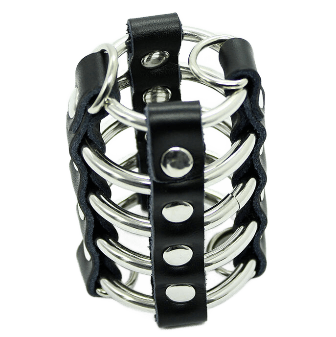 OHMAMA FETISH – CAGE  PÉNIS AVEC ANNEAUX MÉTALLIQUES ET SANGLE EN CUIR