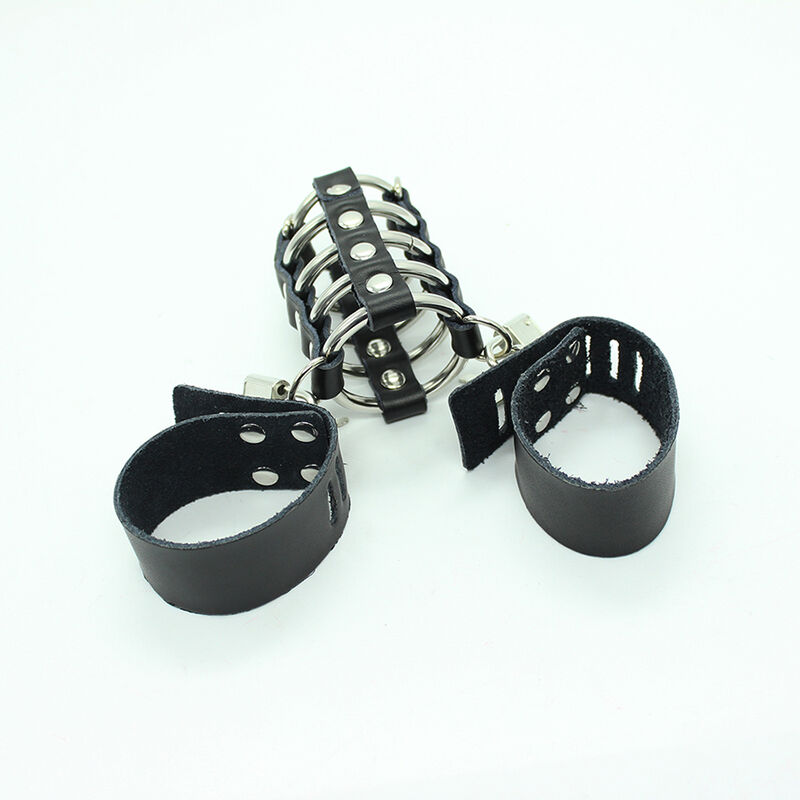 OHMAMA FETISH – CAGE  PÉNIS AVEC ANNEAUX MÉTALLIQUES ET SANGLE EN CUIR