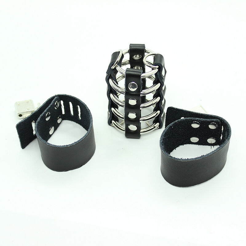 OHMAMA FETISH – CAGE  PÉNIS AVEC ANNEAUX MÉTALLIQUES ET SANGLE EN CUIR