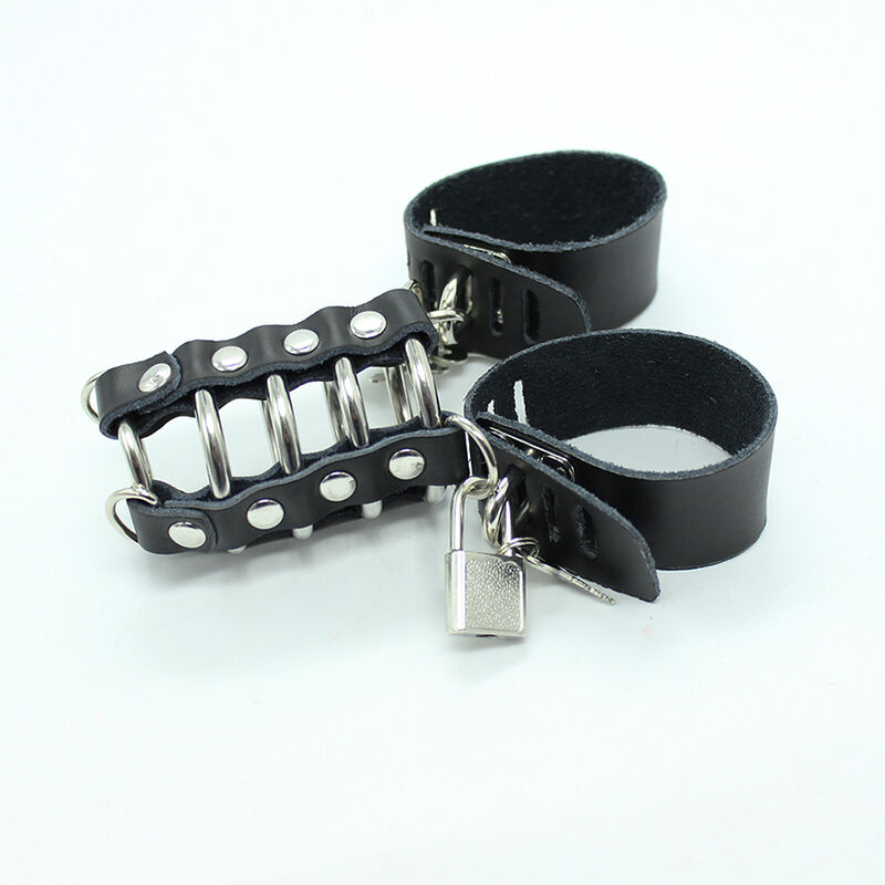 OHMAMA FETISH – CAGE  PÉNIS AVEC ANNEAUX MÉTALLIQUES ET SANGLE EN CUIR