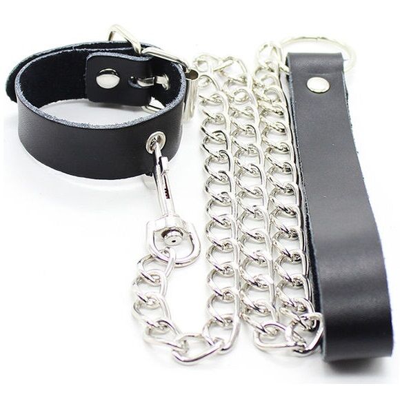 OHMAMA FETISH – COLLIER PÉNIS ET BRACELET EN CUIR AVEC CHAÎNE MÉTALLIQUE