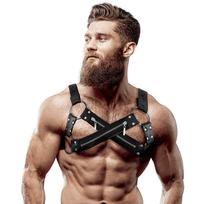 FETISH SUBMISSIVE ATTITUDE – HARNAIS DE POITRINE CROISÉ EN NÉOPRÈNE RÉGLABLE AVEC FERMETURES  GLISSIÈRE POUR HOMMES
