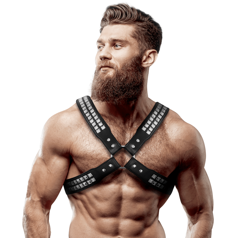 FETISH SUBMISSIVE ATTITUDE – HARNAIS EN CUIR ÉCOLOGIQUE POUR HOMMES  POITRINE CROISÉE AVEC RIVETS
