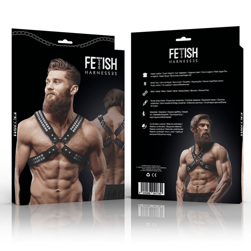 FETISH SUBMISSIVE ATTITUDE – HARNAIS EN CUIR ÉCOLOGIQUE POUR HOMMES  POITRINE CROISÉE AVEC RIVETS