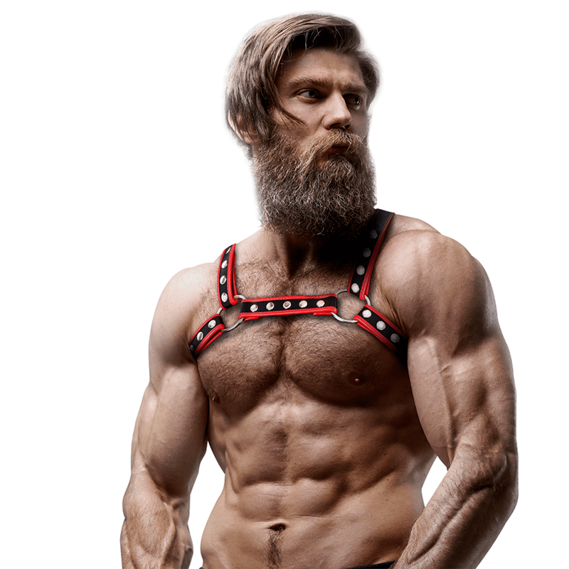 FETISH SUBMISSIVE ATTITUDE – HARNAIS DE POITRINE BULLDOG EN CUIR ÉCOLOGIQUE POUR HOMMES NOIR/ROUGE