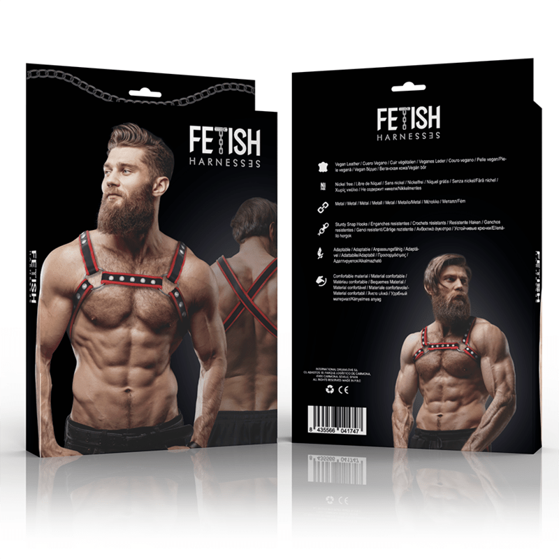 FETISH SUBMISSIVE ATTITUDE – HARNAIS DE POITRINE BULLDOG EN CUIR ÉCOLOGIQUE POUR HOMMES NOIR/ROUGE