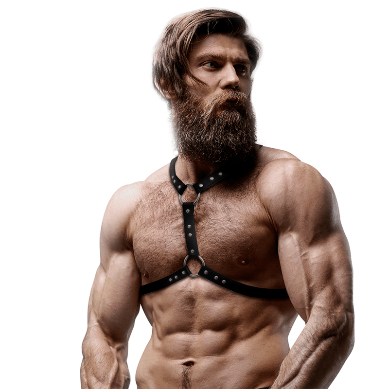 FETISH SUBMISSIVE ATTITUDE – HARNAIS DE POITRINE EN ÉCO-CUIR AVEC DOUBLE SUPPORT ET CLOUS POUR HOMMES
