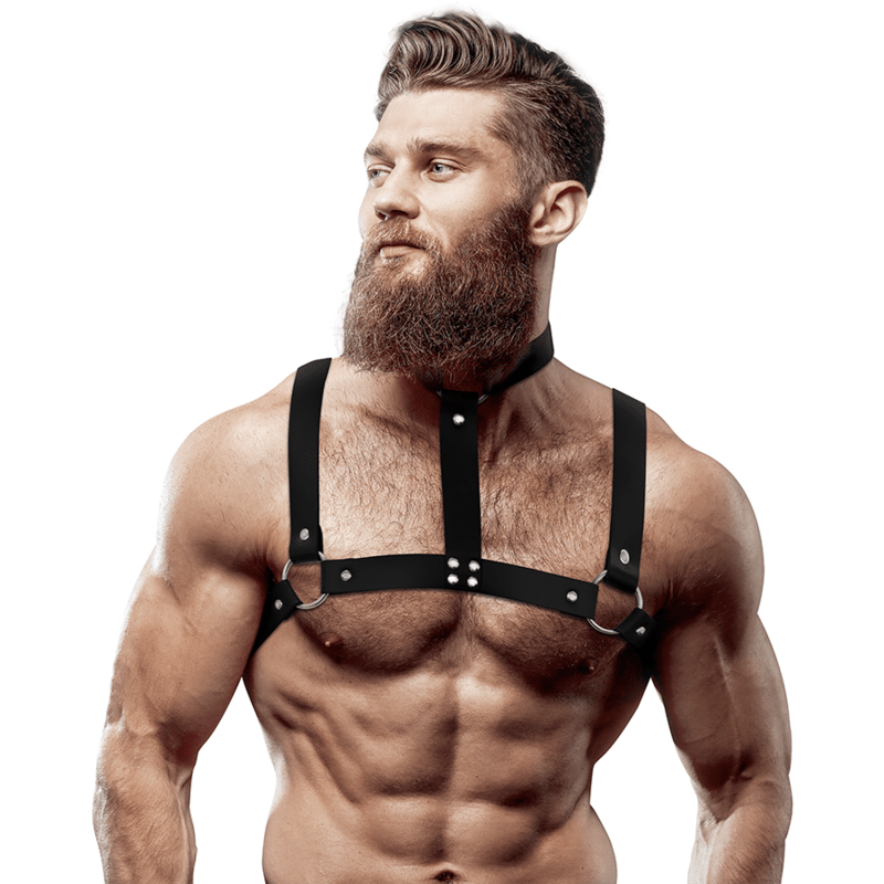 FETISH SUBMISSIVE ATTITUDE – HARNAIS DE POITRINE RÉGLABLE EN ÉCO-CUIR AVEC COLLIER POUR HOMMES