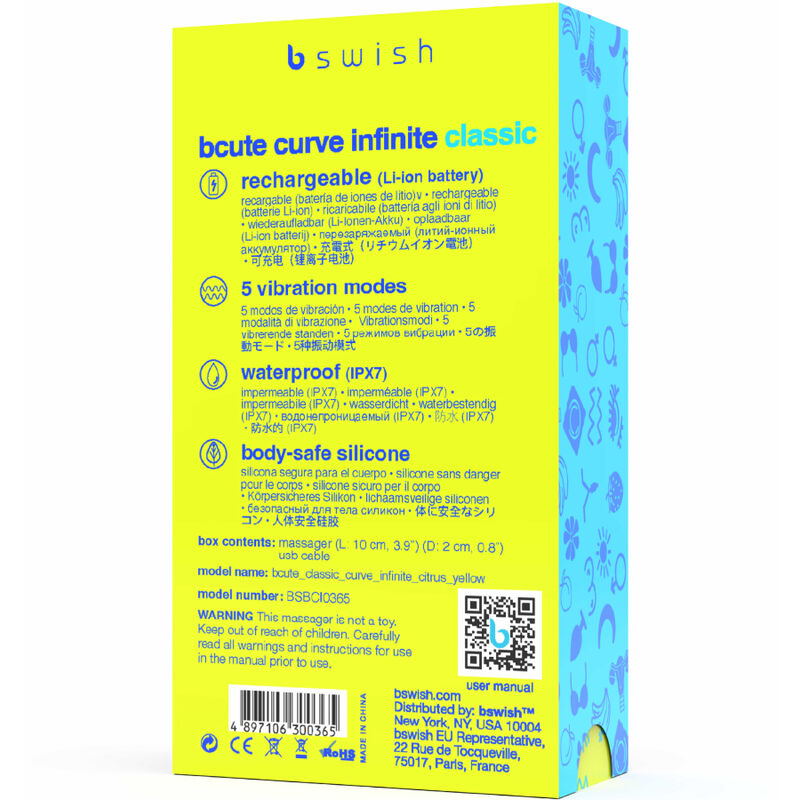 B SWISH – VIBRATEUR EN SILICONE RECHARGEABLE BCUTE CURVE INFINITE CLASSIC JAUNE