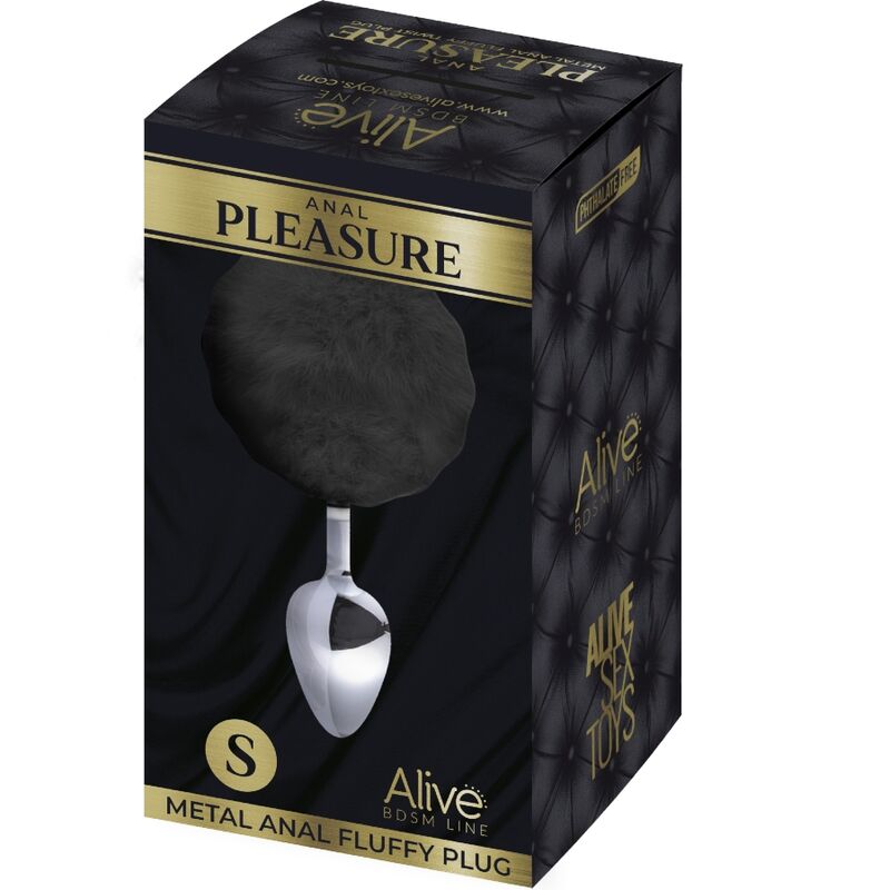 ALIVE – PLUG DE PLAISIR ANAL LISSE MÉTAL FLUFFY NOIR TAILLE S