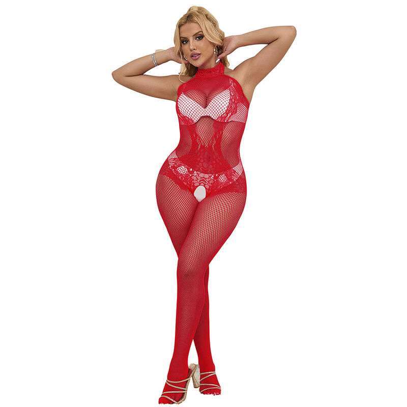 SUBBLIME – 952372 BODYSTOCKING RÉSILLE ET DENTELLE SANS FOURRURE COL MONTANT ROUGE TAILLE UNIQUE