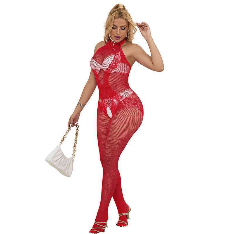 SUBBLIME – 952372 BODYSTOCKING RÉSILLE ET DENTELLE SANS FOURRURE COL MONTANT ROUGE TAILLE UNIQUE