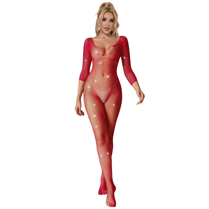 SUBBLIME – 952419 BODYSTOCKING RESILLE AVEC LOSANGES MANCHES LONGUES ROUGE TAILLE UNIQUE