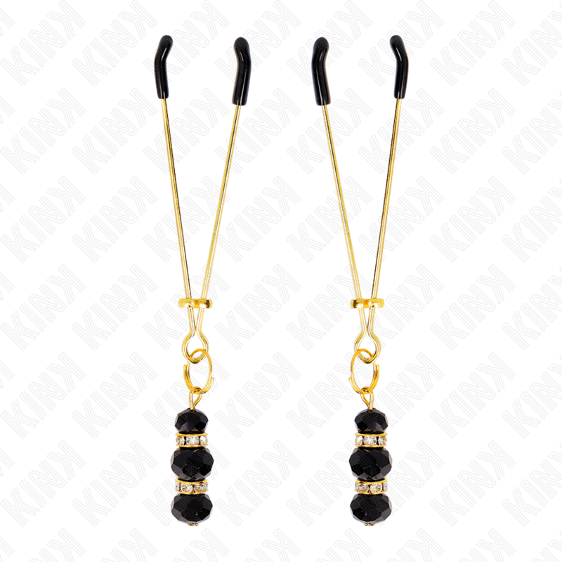 KINK – PINCES À TETON FINES OR AVEC 3 BILLES DE VERRE NOIR 7 CM