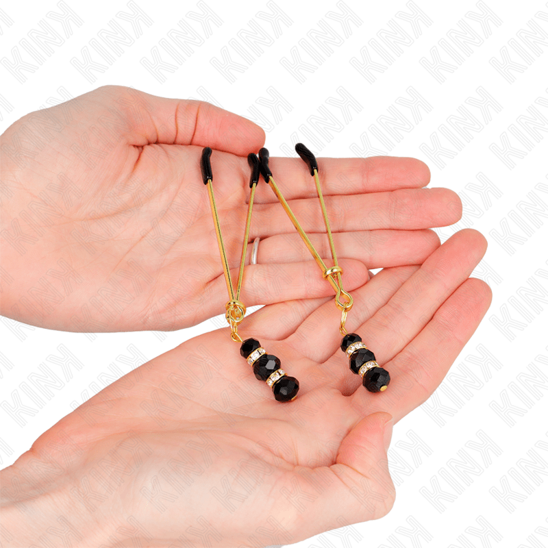 KINK – PINCES À TETON FINES OR AVEC 3 BILLES DE VERRE NOIR 7 CM